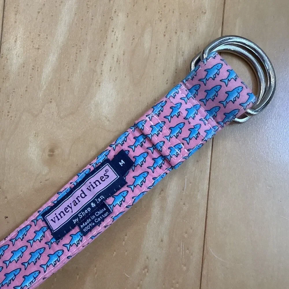 SHARK BELT VINEYARD VINES AQUA & PINK D Ring CANVAS BELT SIZE M 40” 100% Cotton